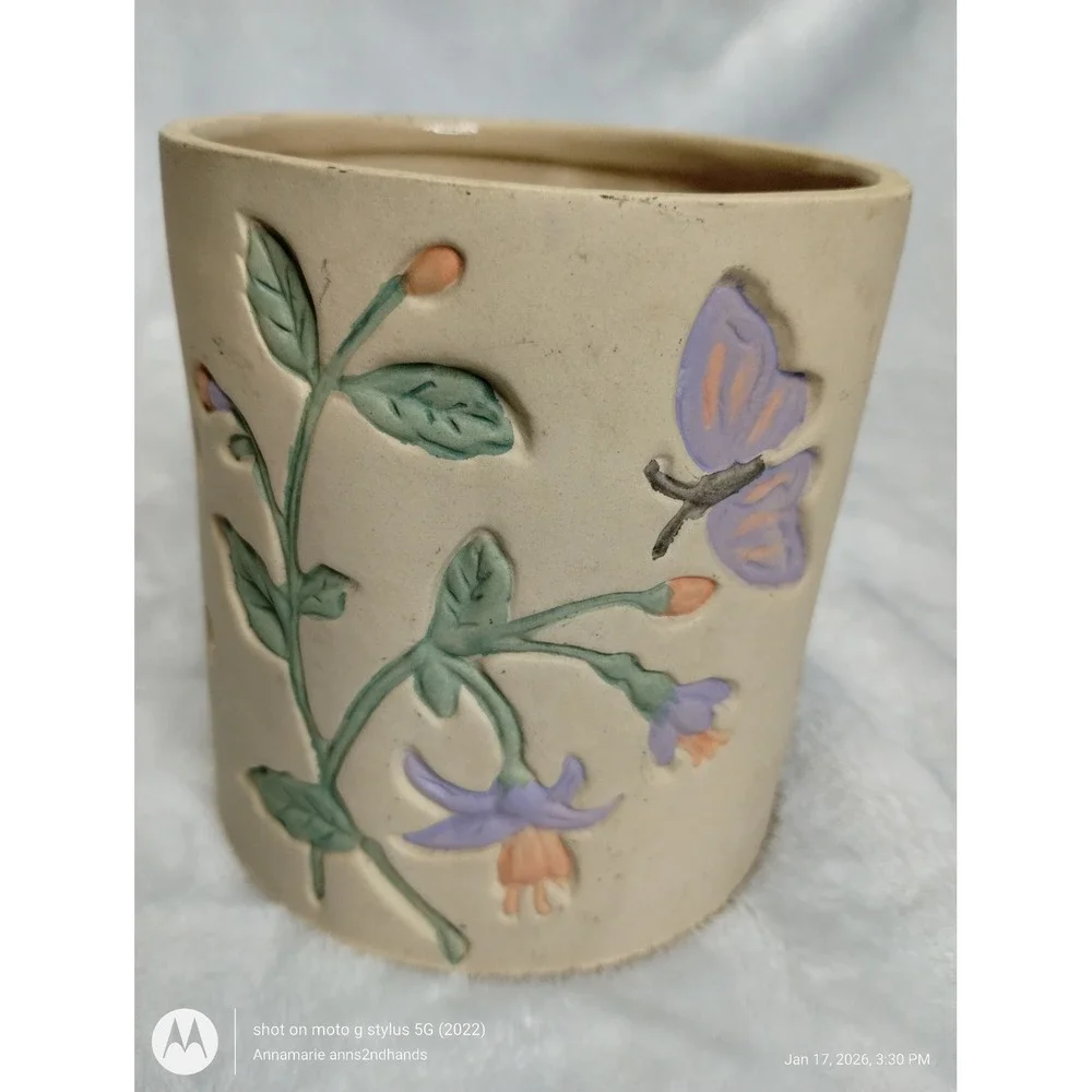 Ceramic Butterfly Floral Candle‎ Jar Holder Sleeve Cottage Farmhouse Decor